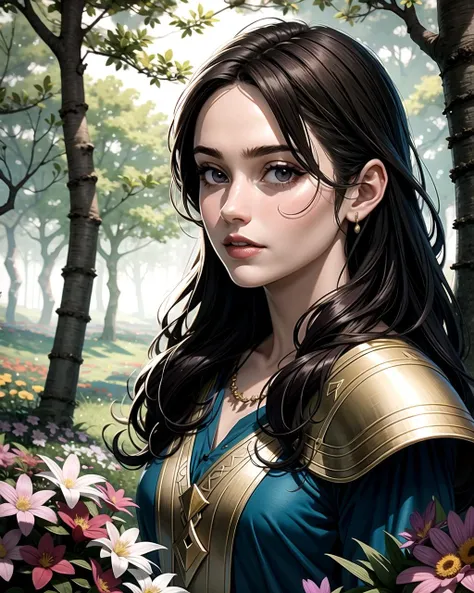 ((masterpiece), best quality, high quality, professional quality, highly detailed, highres, perfect lighting, natural lighting), middle earth, Druid protecting the forest from invaders, Ruler, Tall, Toned, Round Face, Fair Skin, Dark Brown Hair, amethyst Eyes, Wide Nose, Full Lips, Receding Chin, Full Beard, Long, Quiff, An enchanted meadow, with colorful flowers and magical creatures roaming free, Tolkien