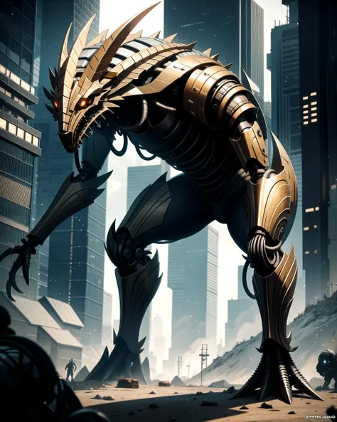 ((masterpiece), best quality, high quality, professional quality, highly detailed, highres, perfect lighting, natural lighting), progressive, terrifying biomechanical creature, A world rich in exotic minerals and rare elements, attracting prospectors and miners from across the galaxy., Cyberpunk City, griffin