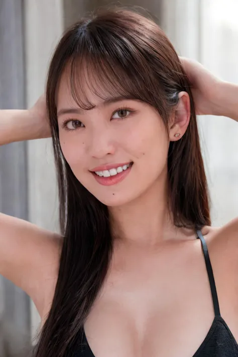 (masterpiece, best quality, beautiful quality, photorealistic, looking at viewer, detailed lighting, shadows, 8k:1.4), portrait, (a picture of a woman, extremely detailed skin, extremely detailed teeth, beautiful eyes, 1girl:1.3), arms up, <lora:add_detail:1> <lora:Sarina Kashiwagi:0.8>