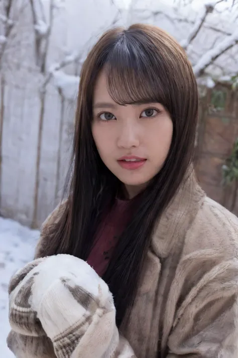 (masterpiece, best quality, beautiful quality, photorealistic, looking at viewer, detailed lighting, shadows, 8k:1.4), (a picture of a woman, 1girl, snow, mittens, jacket, outside, looking at viewer:1.3), <lora:Sarina Kashiwagi:0.8>, <lora:add_detail:1>