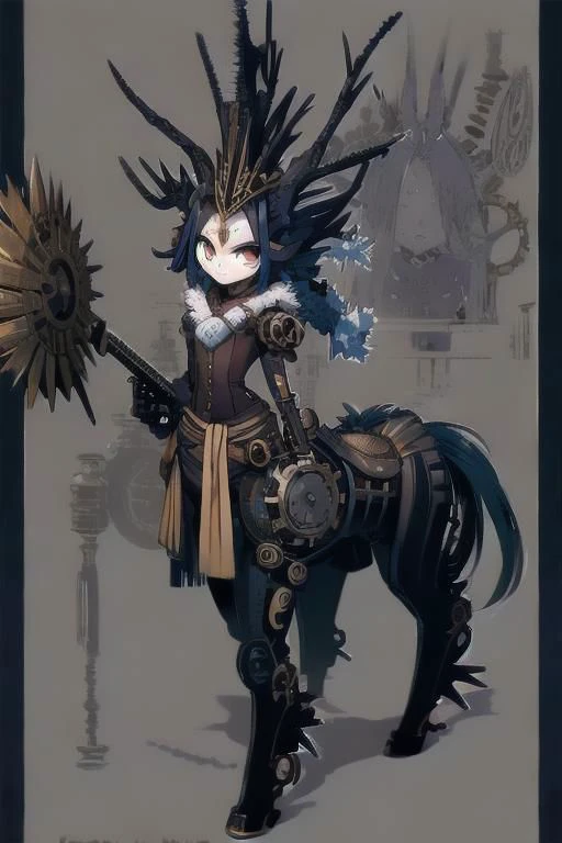 ASCII (centaur:1.4), (masterpiece, best quality:1.4), white tomboy hair, (young perfect face:1.4), (small_breasts:1.3), (slender slim body:1.3), (small waist:1.3), (perfect black eyes:1.2), full body, ((steampunk)), nun outfit, knight, ((godlike)), ((gears)), slender legs , ((navy fur)), ((blue white patterns)), <lora:wolong_v1-000012:0.4>, blank background, goth, badass