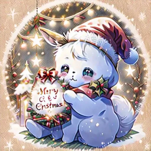 A christmas hat wearing eevee shows a Christmas card with Merry Christmas written on it to the readers, shinx eevee