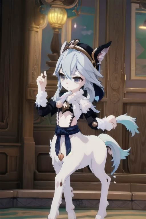 (centaur:1.4), (masterpiece, best quality:1.4), white tomboy hair, (young perfect face:1.4), (small_breasts:1.3), (slender slim body:1.3), (small waist:1.3), (perfect black eyes:1.2), full body, nun outfit, knight, ((godlike)), ((gears)), slender legs , ((navy fur)), ((blue white patterns)), <lora:wolong_v1-000012:0.4>, blank background, goth, badass