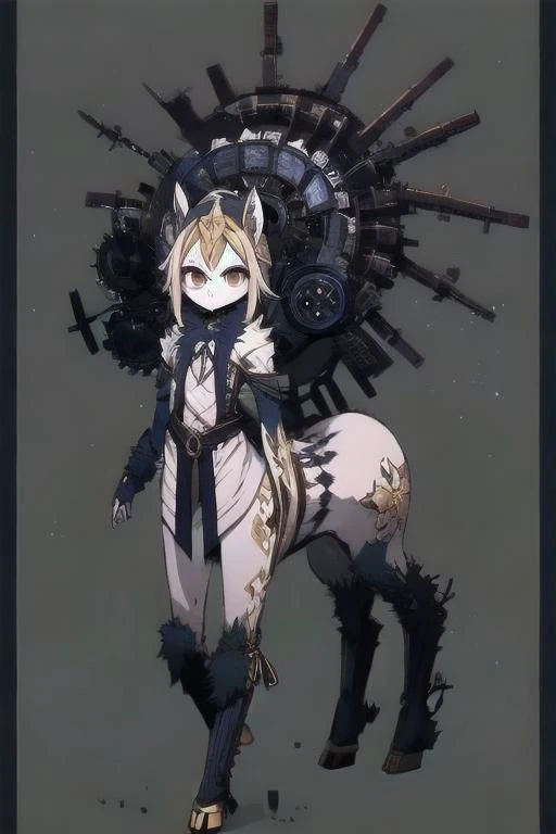 ASCII (centaur:1.4), (masterpiece, best quality:1.4), white tomboy hair, (young perfect face:1.4), (small_breasts:1.3), (slender slim body:1.3), (small waist:1.3), (perfect black eyes:1.2), full body, ((steampunk)), nun outfit, knight, ((godlike)), ((gears)), slender legs , ((navy fur)), ((blue white patterns)), <lora:wolong_v1-000012:0.4>, blank background, goth, badass