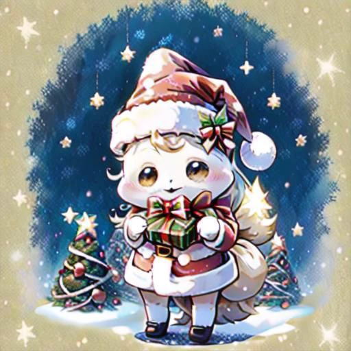 An shinx eevee wearing a Santa hat shows a Christmas card with Merry Christmas to the reader.