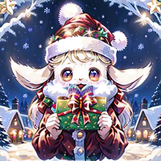 A christmas hat wearing eevee shows a Christmas card with Merry Christmas written on it to the readers, shinx eevee