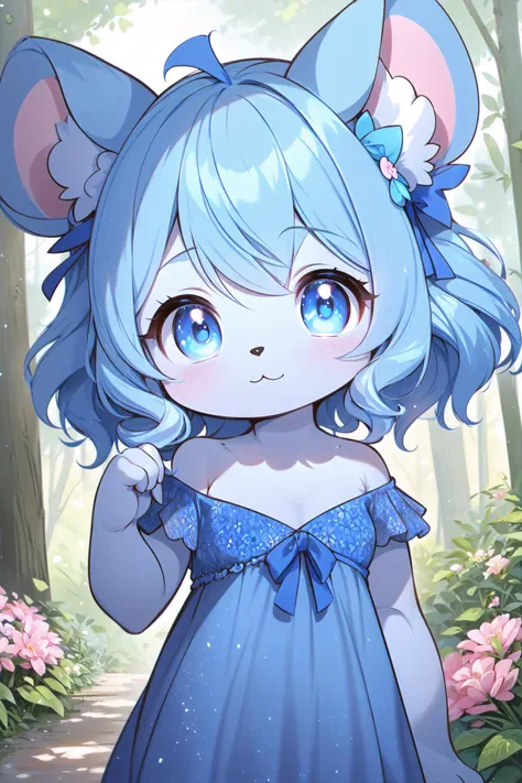 furry,cute girl,chibi,mouse ears,blue hair, blue dress,sleveless,strapless,midriff,white skin,in forest,looking at viewer,smile,closed mouth,flowers,slightly above,