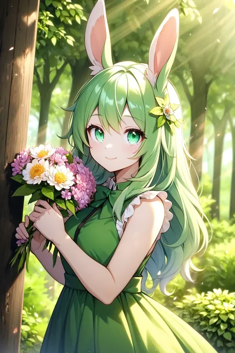 cute girl,rabbit ears,green hair, green dress,sleeveless, white skin,in forest,looking at viewer,smile,closed mouth,flowers,slightly above,