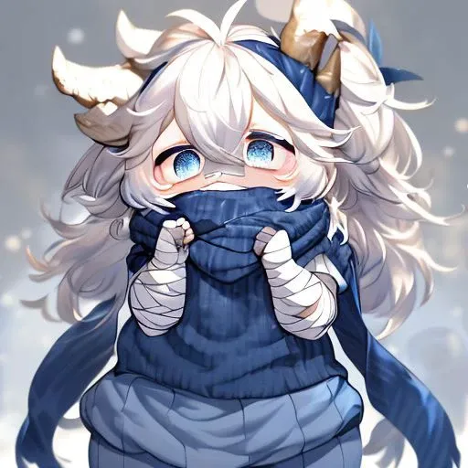 horns, thick thighs, thick calves, blue eyes, skin patterns, ((tan skin)), gold jewellery, ((white hair with navy streaks)), ((spiky punk pig tails)), ((blue grey blue and white outfit)), ((black bandages covering eyes)), ((huge fluffy white scarf)), ((Kaeya Alberich)), wrench_genshin_style, poofy hair, eyeliner, emo, emo makeup, goth, verybadimagenegative_v1.3, EasyNegativeV2