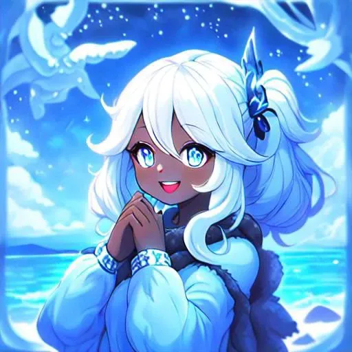 high fantasy, black girl, in a snowy castle, dark skin, with long white pigtails and blue eyes, wearing a blue and white dress. ocean background. happy look on face.