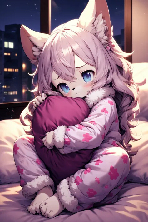 cute furry girl, smile, pajamas, sitting on bed, barefoot, full body, indoors, pillow hug, detailed fluffy shaggy fur,night, dark room, (sad:1.4), jitome,
highres, high quality, realistic,<lora:flat2:-0.2>