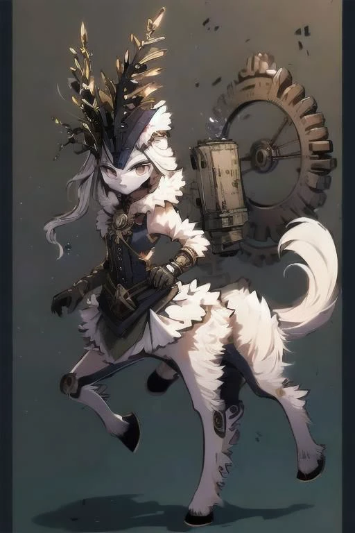 ASCII (centaur:1.4), (masterpiece, best quality:1.4), white tomboy hair, (young perfect face:1.4), (small_breasts:1.3), (slender slim body:1.3), (small waist:1.3), (perfect black eyes:1.2), full body, ((steampunk)), nun outfit, knight, ((godlike)), ((gears)), slender legs , ((navy fur)), ((blue white patterns)), <lora:wolong_v1-000012:0.4>, blank background, goth, badass