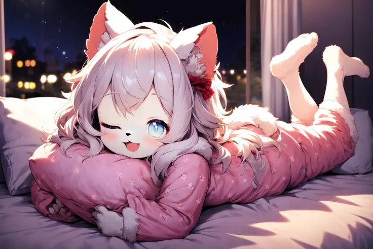cute furry girl, smile, open mouth, wink, one eye closed, pajamas, the pose, lying, on stomach, feet up, legs up, barefoot, smile, full body, on bed, indoors, pillow hug, detailed fluffy shaggy fur,night, dark room,
highres, high quality, realistic,<lora:flat2:-0.2>
