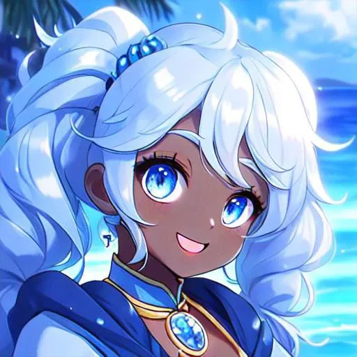 high fantasy, black girl, in a snowy castle, dark skin, with long white pigtails and blue eyes, wearing a blue and white dress. ocean background. happy look on face.