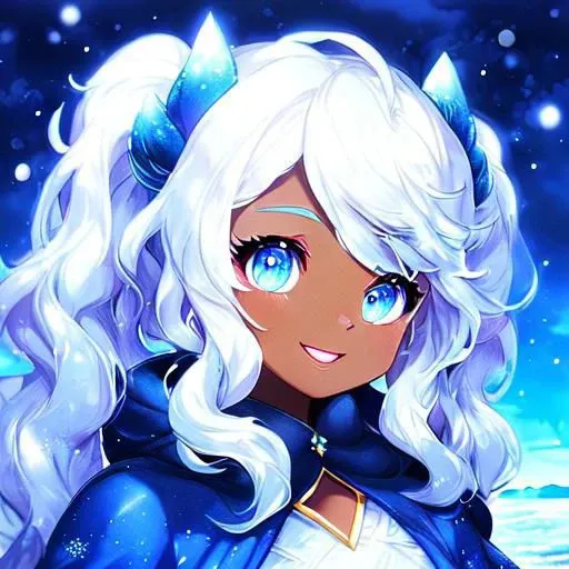 high fantasy, black girl, in a snowy castle, dark skin, with long white pigtails and blue eyes, wearing a blue and white dress. ocean background. happy look on face.