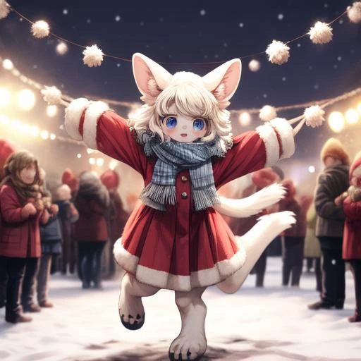1girl,<lora:Furtastic_Detailer:1.8>,furry,animal ears,tail,personification,anthro,(fluffy fur:1.2),AS-YoungerV2,(fluffy body),(fluffy),plad scarf,outdoors,christmas,snow,celebration,dancing,spinning,skirt,