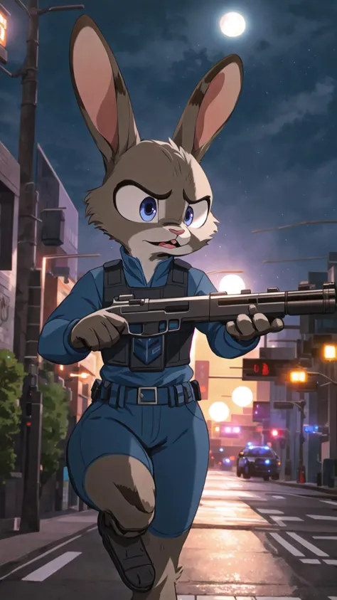 <lora:JudyHopps_v1:0.8> JudyHopps, 1girl, zootopia, furry, bunny, (police uniform:1.25), (angry, focused:1.15), <lora:BetterGuns-V1:0.6> holding gun, aiming, BREAK,
 (at corner, urban, street, night, full moon:1.15),, masterpiece, best quality, extremely detailed, highly quality, 4k, sharp focus, professional, sharp focus, award winning, cinematic lighting, octane render, unreal engine, volumetrics dtx, Wallpaper,