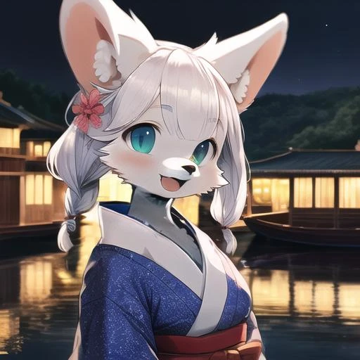 girl ,(furry:1.2)
,(kimono
,A long coastline and houseboats floating on the sea
,reflection water surface
,night
,twintails,twin braids hair
,smile:0.8)