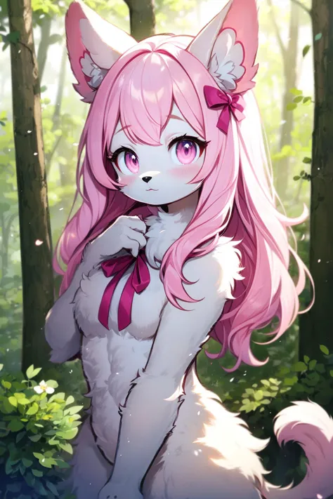 furry cat girl, body fur, animal ears, tail, naked, looking at viewer,closed mouth,in forest,ribbon,standing, upper body, pink hair, pink eyes,