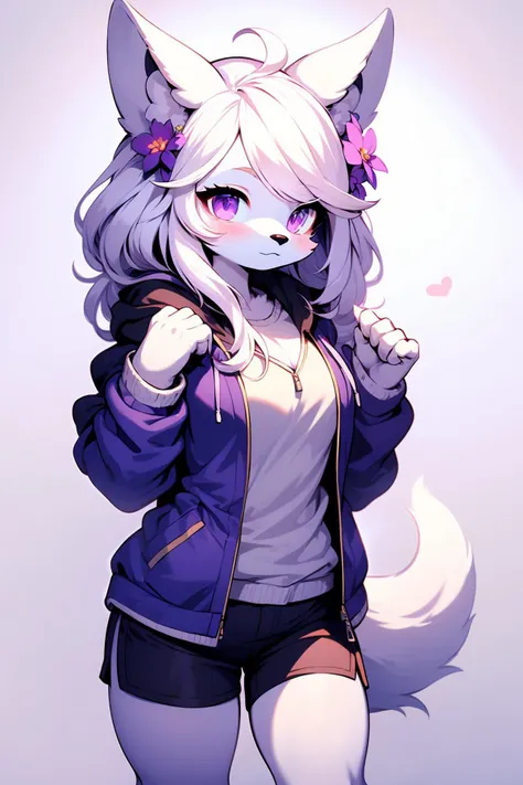 furry fox girl, animal ears, solo, tail, furry female, hair ornament, hair flower, shirt, flower, furry, shorts, long hair, blush, white shirt, jacket, hand in pocket, white hair, purple eyes, looking at viewer, animal ear fluff, purple jacket, standing, long sleeves, open clothes, body fur, hood, gradient, gradient background, black shorts, short shorts, hand up, cowboy shot, closed mouth, fox ears, fox tail, white fur, drawstring, open jacket, animal nose, bangs, purple flower, simple background, fox girl, hooded jacket, hood down, ahoge, snout, breasts