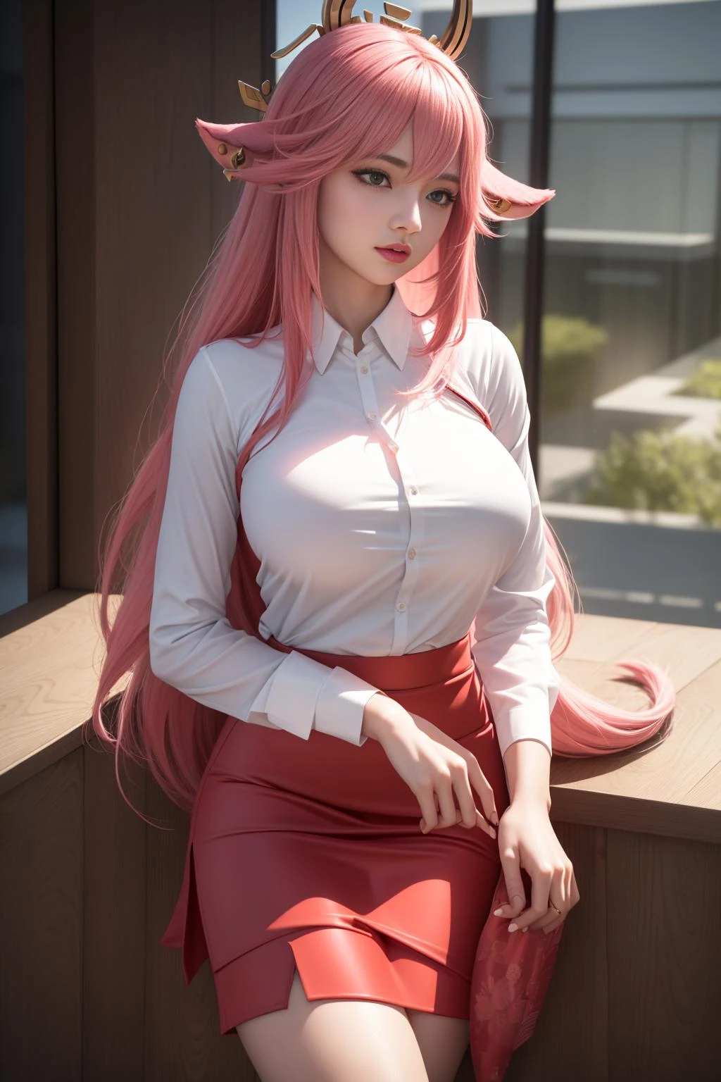 ultra detailed 8k cg, ultra realistic, masterpiece, cinematic lighting, cinematic bloom, professional photography, absurdly long hair, very long hair, divine goddess, huge breasts, gorgeous female, looking at viewer,
<lora:YaeMiko-StellarV1:1> yaemiko, 1girl, long hair, pink hair, large breasts, breasts, fox ears, animal ears,
(suit, pencil skirt, white shirt, office lady:1.2)