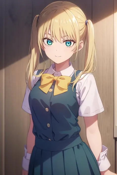 rikahoshizaki, <lora:rika hoshizaki s2-lora-nochekaiser:1>,
rika hoshizaki, (green eyes:1.3), blonde hair, twintails, smile,
BREAK skirt, shirt, bow, school uniform, white shirt, short sleeves, pleated skirt, bowtie, blue skirt,
BREAK indoors, classroom,
BREAK looking at viewer, (cowboy shot:1.5),
BREAK <lyco:GoodHands-beta2:1>, (masterpiece:1.2), best quality, high resolution, unity 8k wallpaper, (illustration:0.8), (beautiful detailed eyes:1.6), extremely detailed face, perfect lighting, extremely detailed CG, (perfect hands, perfect anatomy),