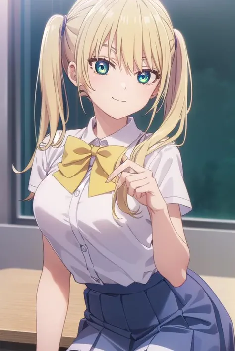 rikahoshizaki, <lora:rika hoshizaki s2-lora-nochekaiser:1>,
rika hoshizaki, (green eyes:1.3), blonde hair, twintails, smile,
BREAK skirt, shirt, bow, school uniform, white shirt, short sleeves, pleated skirt, bowtie, blue skirt,
BREAK indoors, classroom,
BREAK looking at viewer, (cowboy shot:1.5),
BREAK <lyco:GoodHands-beta2:1>, (masterpiece:1.2), best quality, high resolution, unity 8k wallpaper, (illustration:0.8), (beautiful detailed eyes:1.6), extremely detailed face, perfect lighting, extremely detailed CG, (perfect hands, perfect anatomy),