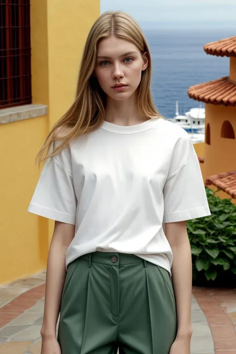 <lora:kawaii7.1.3_obj20:0.75:0.25>, European woman, closeup, sandals, (shirt), pants, (catalina island), ZM_amelia, wide shoulders, perfect face, (contact iris: 1.1), pale skin, skin pores , depth of field