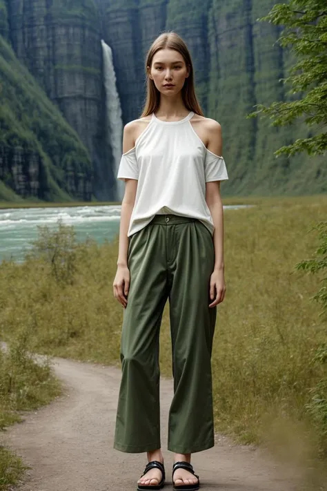 <lora:kawaii7.1.3_obj20:0.75:0.25>, European woman, closeup, sandals, (shirt), pants, (nahanni national park), ZM_amelia, wide shoulders, perfect face, (contact iris: 1.1), pale skin, skin pores , depth of field