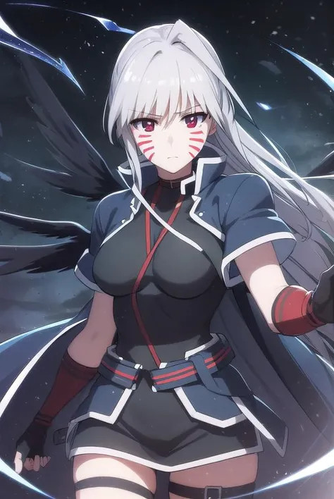 reinforcei, <lora:reinforce i movie2-lora-nochekaiser:1>,
reinforce i, (red eyes:1.3), grey hair, facial mark, long hair,
BREAK thighhighs, gloves, jacket, open clothes, wings, fingerless gloves, open jacket, magical girl, single thighhigh, asymmetrical legwear, black wings, uneven legwear, waist cape, multiple wings, leg belt,
BREAK outdoors, city, sky, night, starry sky, star \(sky\), moon,
BREAK looking at viewer, (cowboy shot:1.5),
BREAK <lyco:GoodHands-beta2:1>, (masterpiece:1.2), best quality, high resolution, unity 8k wallpaper, (illustration:0.8), (beautiful detailed eyes:1.6), extremely detailed face, perfect lighting, extremely detailed CG, (perfect hands, perfect anatomy),