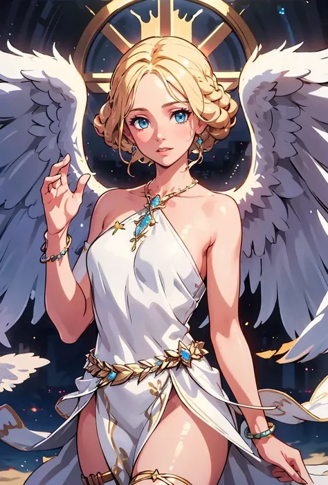 (masterpiece, best quality), 1girl, <lora:AngelTekken:0.8> AngelTekken, 1girl, solo, blonde hair, blue eyes, white dress, jewelry, bracelet, feathered wings, angel wings, angel