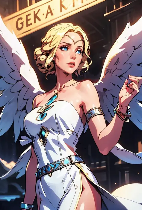 (masterpiece, best quality), 1girl, <lora:AngelTekken:0.8> AngelTekken, 1girl, solo, blonde hair, blue eyes, white dress, jewelry, bracelet, feathered wings, angel wings, angel