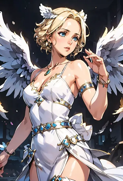 (masterpiece, best quality), 1girl, <lora:AngelTekken:0.8> AngelTekken, 1girl, solo, blonde hair, blue eyes, white dress, jewelry, bracelet, feathered wings, angel wings, angel