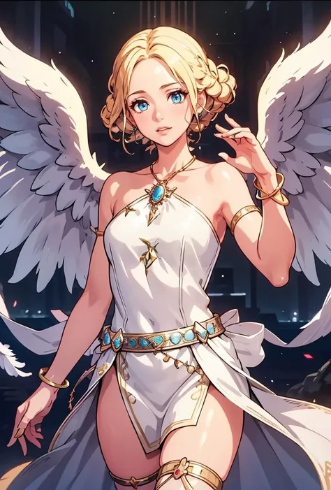 (masterpiece, best quality), 1girl, <lora:AngelTekken:0.8> AngelTekken, 1girl, solo, blonde hair, blue eyes, white dress, jewelry, bracelet, feathered wings, angel wings, angel