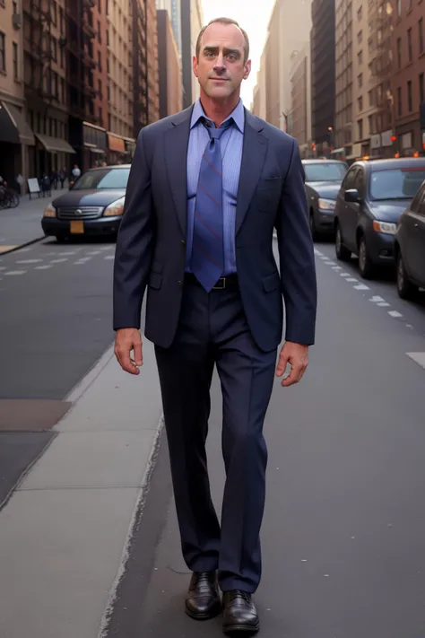 Christopher Meloni (dressed as a detective) on new york city sidewalk <lora:diffusiondudes_ChrisMeloni_V1-09:0.8>, (mature male:-1), necktie, suit jacket, button-down shirt