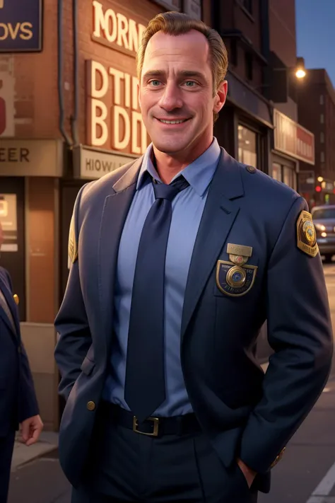 Christopher Meloni (dressed as a detective) outside of new york city bodega <lora:diffusiondudes_ChrisMeloni_V1-09:0.8>, (mature male:-1), necktie, suit jacket, button-down shirt, smirk, golden hour, smiling, soft lighting, blue shirt, black tie, (detective badge:1.2), <lora:add_detail:0.5>