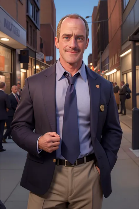 Christopher Meloni (dressed as a detective) outside of new york city bodega <lora:diffusiondudes_ChrisMeloni_V1-09:0.8>, (mature male:-1), necktie, suit jacket, button-down shirt, smirk