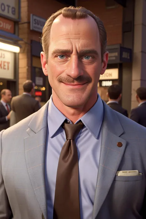 Christopher Meloni (dressed as a detective) outside of new york city bodega <lora:diffusiondudes_ChrisMeloni_V1-09:0.8>, (mature male:-1), necktie, suit jacket, button-down shirt, smirk