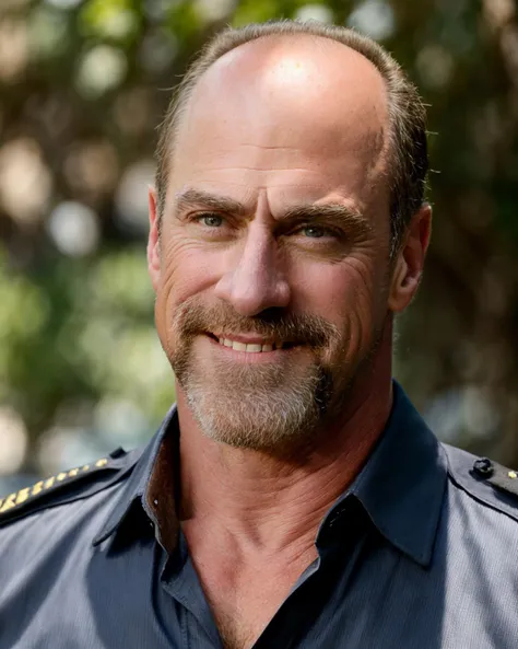 head and shoulders action shot of handsome man christopher meloni, mature male, masterpiece, ultra realism, realistic, outdoors, golden hour, smiling, soft lighting, blue shirt, black tie, (detective badge:1.2) <lora:add_detail:0.5> <lora:diffusiondudes_ChrisMeloni_V1-09:0.75>