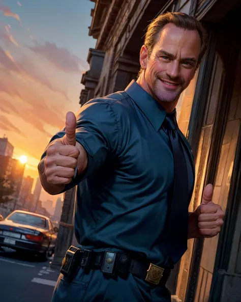 medium action shot of handsome man christopher meloni, cinematic, dynamic pose, mature male, masterpiece, ultra realism, realistic, outdoors, golden hour, smiling, soft lighting, blue shirt, black tie, (detective badge:1.2), thumbs up, low angle <lora:add_detail:0.5> <lora:diffusiondudes_ChrisMeloni_V1-09:0.75>