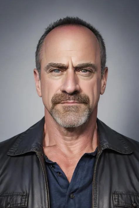 christopher meloni, handsome man in front of (clean plain navy background:1.1), one model, studio portrait, medium close-up, detailed skin, pores, goosebumps, scaled skin, sony alpha, advertising photography, bright high-key lighting, professional headshot, smirk <lora:diffusiondudes_ChrisMeloni_V1-09:0.8>