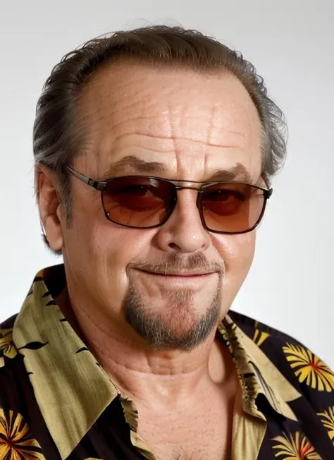 closeup portrait photo pinup of jno1, man, goatee, sunglasses, wearing a hawaiian shirt, for magazine with studio lighting, simple background, white background <lora:JackNicholsonOld:1>