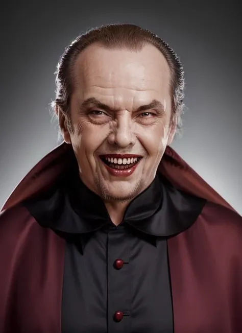 closeup portrait photo pinup of jno1, man, wearing a ((dracula costume with cape)), open mouth with fangs, for magazine with studio lighting, simple background, white background <lora:JackNicholsonOld:0.8>