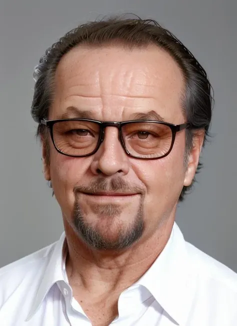 closeup portrait photo pinup of jno1, man, goatee, glasses, wearing a suit for magazine with studio lighting, simple background, white background <lora:JackNicholsonOld:1>