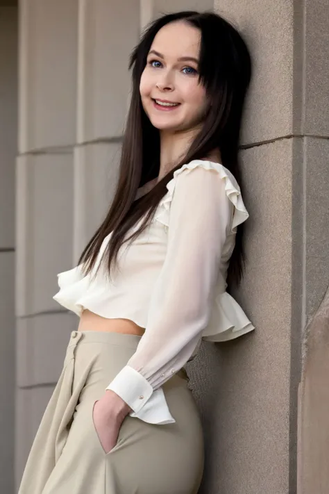 beauty photo of a <lora:SweetiePlum_SD15_v1.1:.9> 
SweetiePlum
with perfect face, detailed expression,  
blurry background, simple background, 
<lora:epiCRealismHelper:1>
modelshoot, sharp focus, professional photography
La Cratrice    Straight long hair      Ruffled blouse  Palazzo pants   Block heels     Wristwatch      Soft brow and neutral lips, (happy512:0.3),