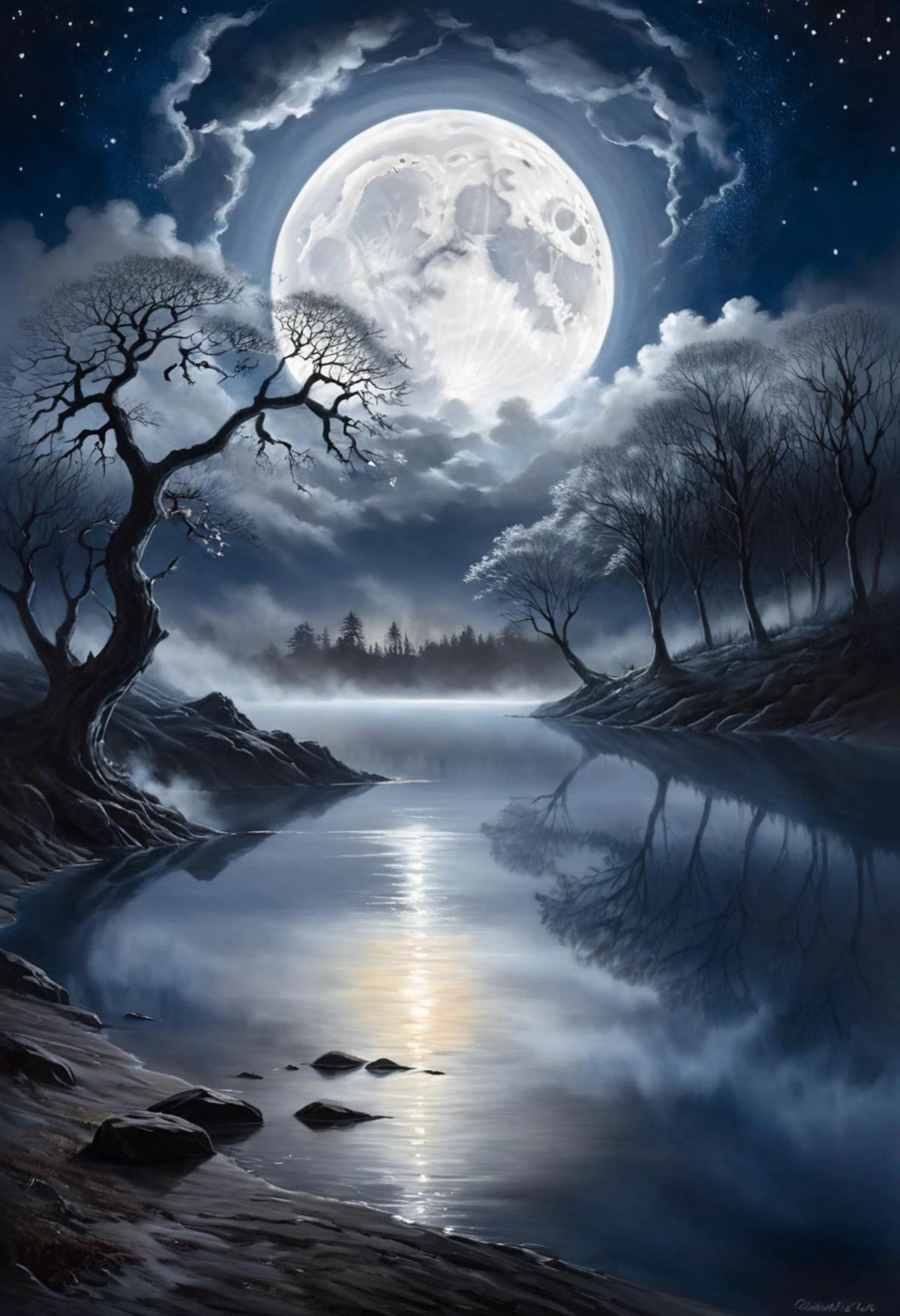 romantic art, surreal painting, A breathtaking starry sky spreads out, adorned with swirling clouds that cast soft shadows as they drift lazily across the sky. In the foreground a still lake lies gently under the silvery glow of the full moon. A light veil of mist lies over the scene illuminated by the silvery light, fire far away, the whole picture is painted in silver and dark blue,
<lora:zavy-nfrrd-sdxl:1> zavy-nffrd