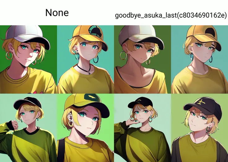 masterpiece, best quality, exceptional, best aesthetic, anime,, 1girl, aqua eyes, baseball cap, blonde hair, closed mouth, earrings, green background, hat, hoop earrings, jewelry, looking at viewer, shirt, short hair, simple background, solo, upper body, yellow shirt,