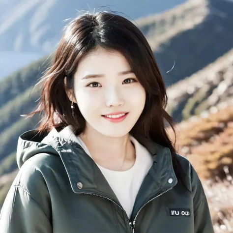a photo of IU_Lee, ohwx woman, smile, on a mountain, wearing a jacket, best quality, fine details <lora:IU_leejieun_SDXL:0.8>