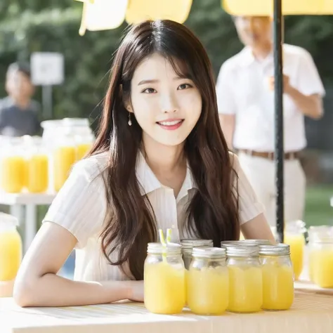a photo of IU_Lee, ohwx woman, smile, at a lemonade stand, best quality, fine details <lora:IU_leejieun_SDXL:0.8>
