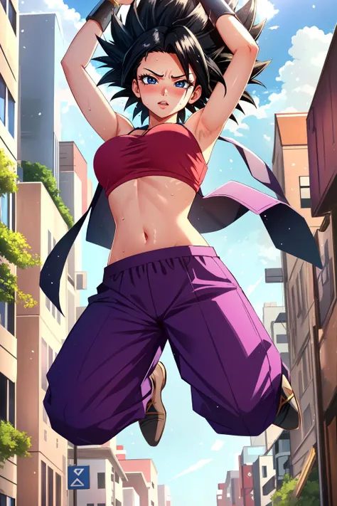 (masterpiece, best quality),  intricate details,
1girl,    <lora:caulifla-nvwls-v1:0.8> defcaulifla, black hair, black eyes, tube top, purple pants, bracers, 
sweating, sweat on midriff,  boob sweat, 
jumping, city street, buildings, debris, destroyed,